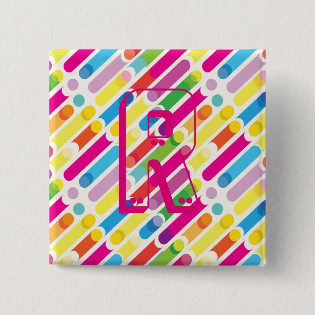 Monogram Rainbow Diagonal Lines Pattern Pop Art Button (Front)