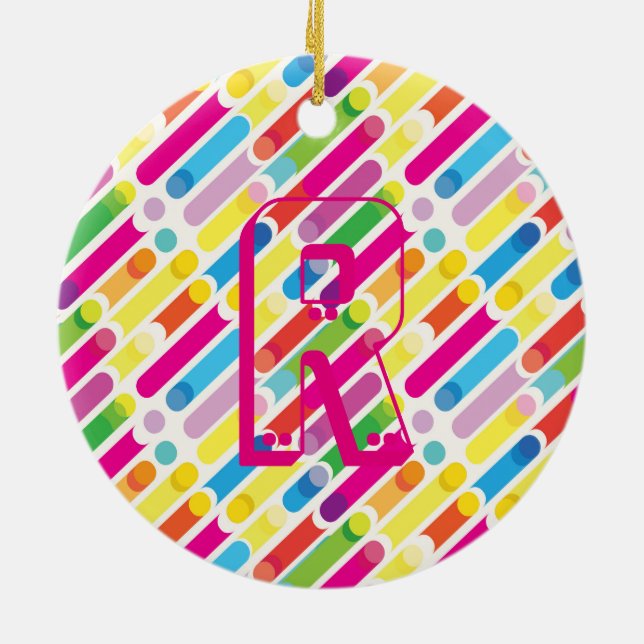 Monogram Rainbow Diagonal Lines Pattern Pop Art Ceramic Ornament (Back)