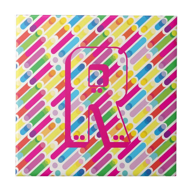 Monogram Rainbow Diagonal Lines Pattern Pop Art Ceramic Tile (Front)