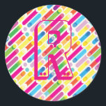 Monogram Rainbow Diagonal Lines Pattern Pop Art Classic Round Sticker<br><div class="desc">Monogram Rainbow Diagonal Lines Pattern Pop Art Trendy Design For All Occassion,  Holiday,  Birthday Party,  Anniversary - gifts and presents,  with Monogram text template. Summer Holiday. Red,  Blue,  Pink,  Yellow,  Violet,  Magenta,  Green - Abstract colors.</div>