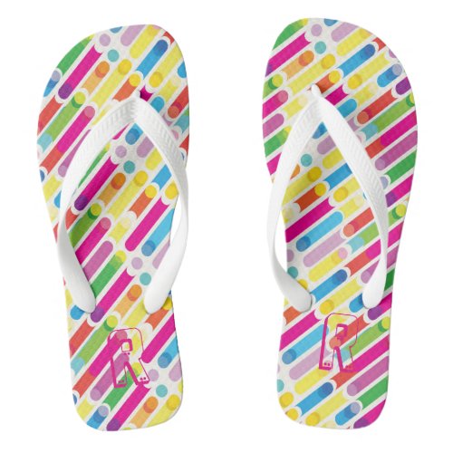 Monogram Rainbow Diagonal Lines Pattern Pop Art Flip Flops