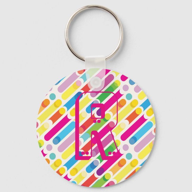 Monogram Rainbow Diagonal Lines Pattern Pop Art Keychain (Front)