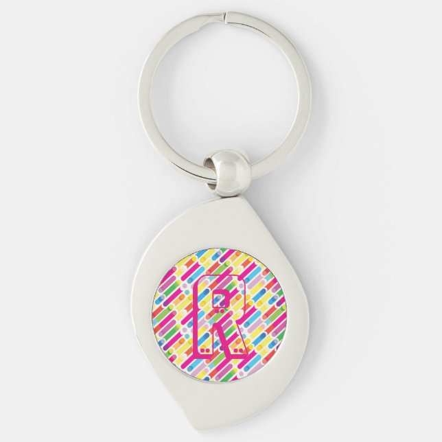 Monogram Rainbow Diagonal Lines Pattern Pop Art Keychain (Front)