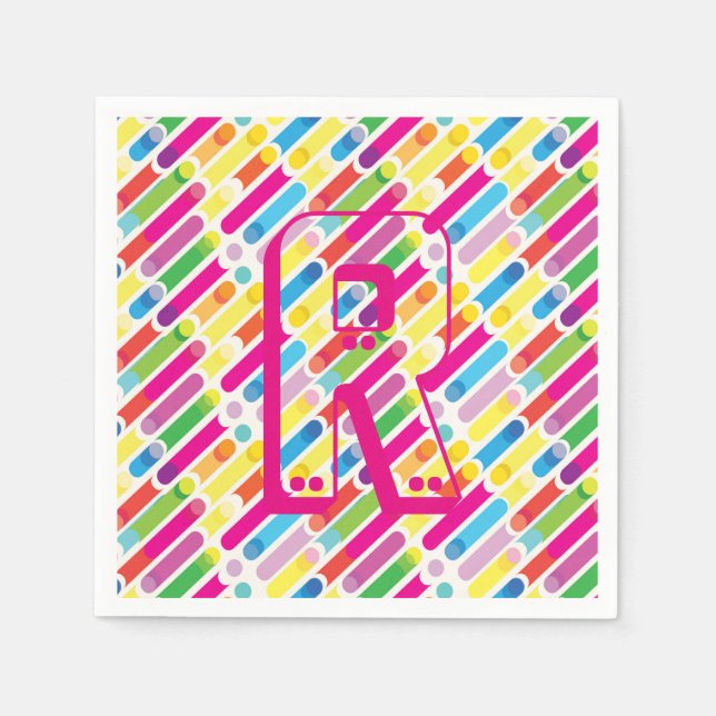 Monogram Rainbow Diagonal Lines Pattern Pop Art Napkins (Front)