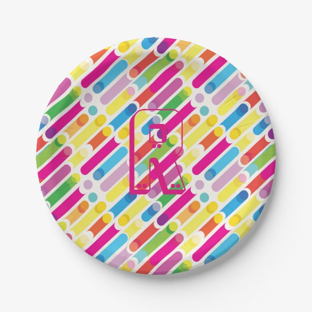 Monogram Rainbow Diagonal Lines Pattern Pop Art Paper Plates (Front)