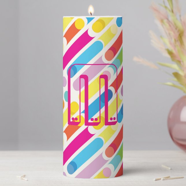 Monogram Rainbow Diagonal Lines Pattern Pop Art  Pillar Candle (In Situ)