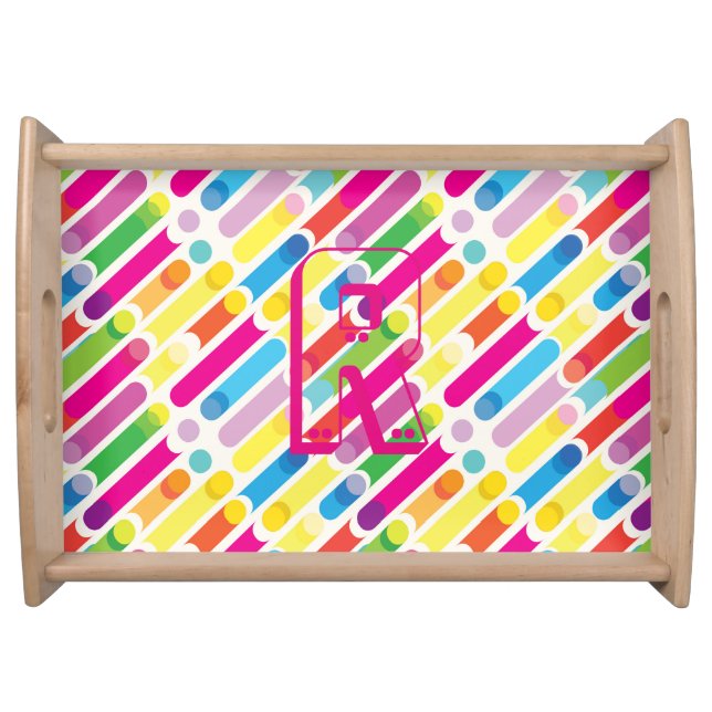 Monogram Rainbow Diagonal Lines Pattern Pop Art Serving Tray (Front)