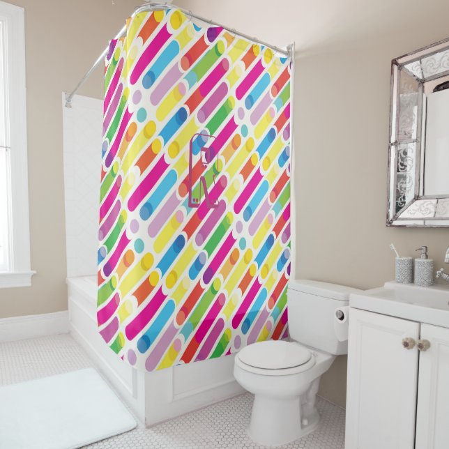 Monogram Rainbow Diagonal Lines Pattern Pop Art Shower Curtain (In Situ)