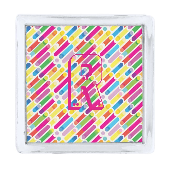 Monogram Rainbow Diagonal Lines Pattern Pop Art Silver Finish Lapel Pin (Front)