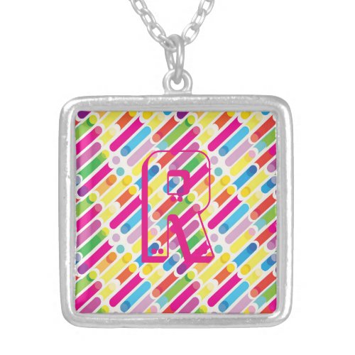 Monogram Rainbow Diagonal Lines Pattern Pop Art Silver Plated Necklace