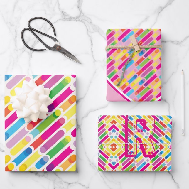 Monogram Rainbow Diagonal Lines Pattern Pop Art Wrapping Paper Sheets (Front)