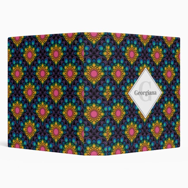 Monogram Rainbow Floral Fountain Art Deco Scallops 3 Ring Binder (Background)