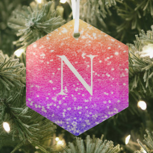 Monogram Rainbow Glitter Christmas Holiday Glass Ornament