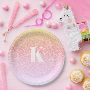 Monogram Rainbow Glitter Glam Baby Shower Ombre Paper Plates
