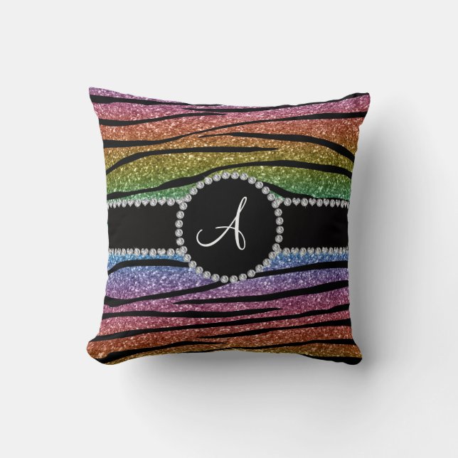 Monogram rainbow glitter zebra stripes circle throw pillow (Front)