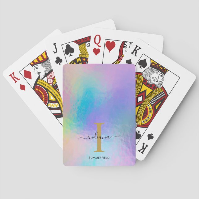 Monogram Rainbow Holographic Gold Initial Name Poker Cards (Back)