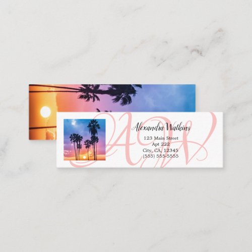 Monogram Rainbow Palm Tree Sunset Photo Personal Mini Business Card