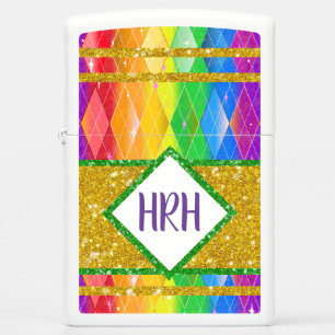 Monogram Rainbow Pride Gold Glitter Diamond Argyle Zippo Lighter