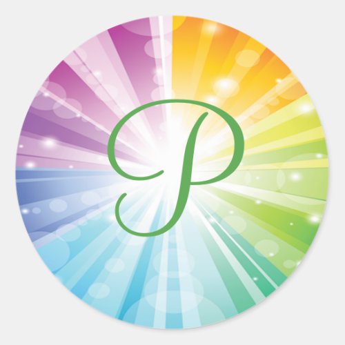 Monogram Rainbow Striped Sunburst Wedding Sticker