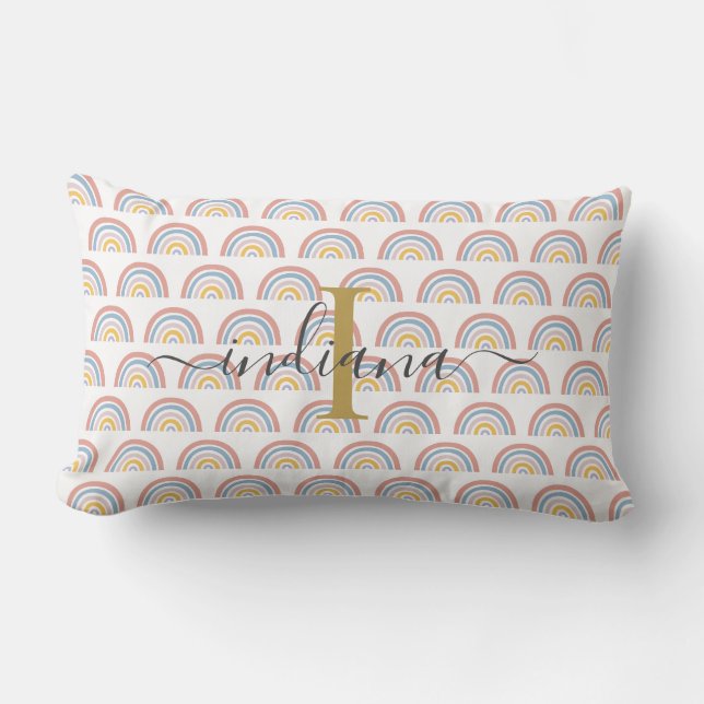 Monogram Rainbow Watercolor Boho Script  Lumbar Pillow (Front)