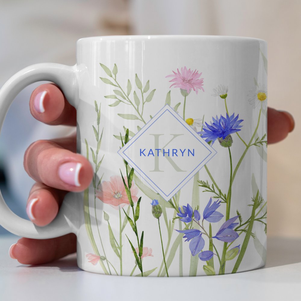 Monogram Rainbow Wild Flower Illustrated Custom Coffee Mug