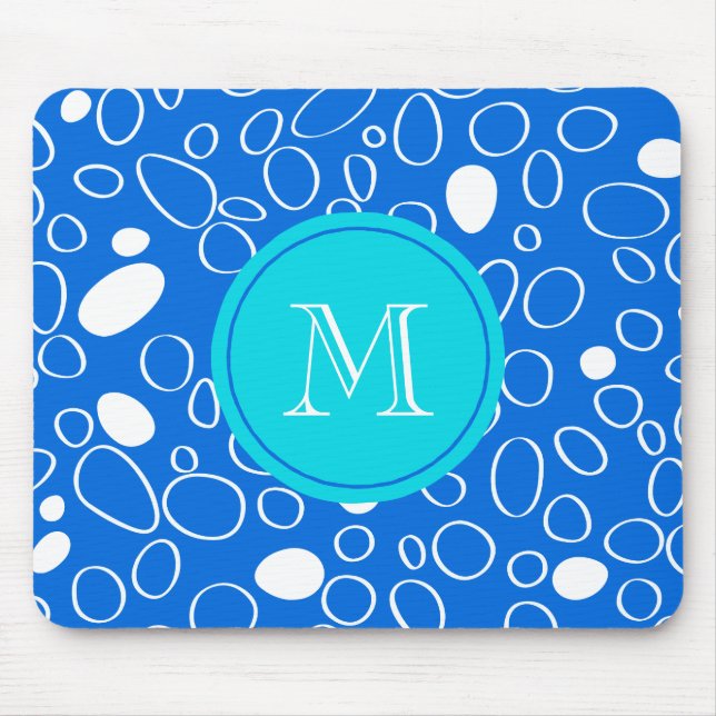 Monogram Random Big Dots Blue and White Pattern Mouse Pad (Front)