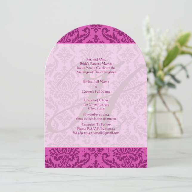 Monogram Raspberry Pink Damask Wedding Invitation (Standing Front)