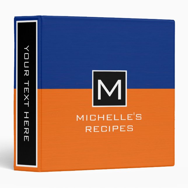 Monogram Recipe Modern Orange Dark Blue 3 Ring Binder (Front/Spine)
