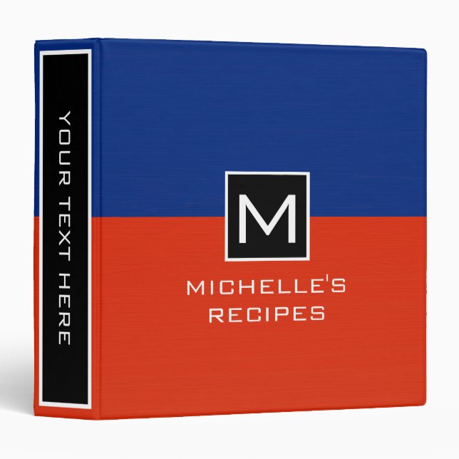 Monogram Recipe Modern Red Dark Blue 3 Ring Binder (Front/Spine)