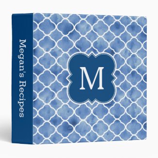 Monogram Recipe Navy Blue Watercolor Pattern Binder