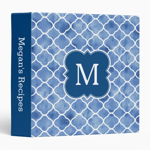 Monogram Recipe Navy Blue Watercolor Pattern Binder