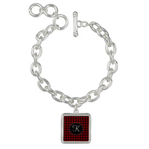 Monogram Red and Black Buffalo Plaid Charm Bracelet