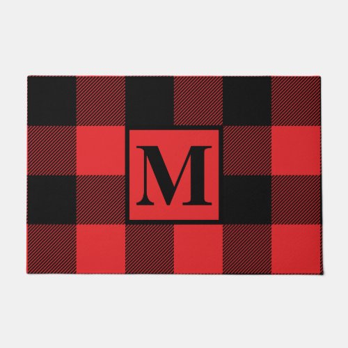Monogram Red and Black Buffalo Plaid Christmas Doormat