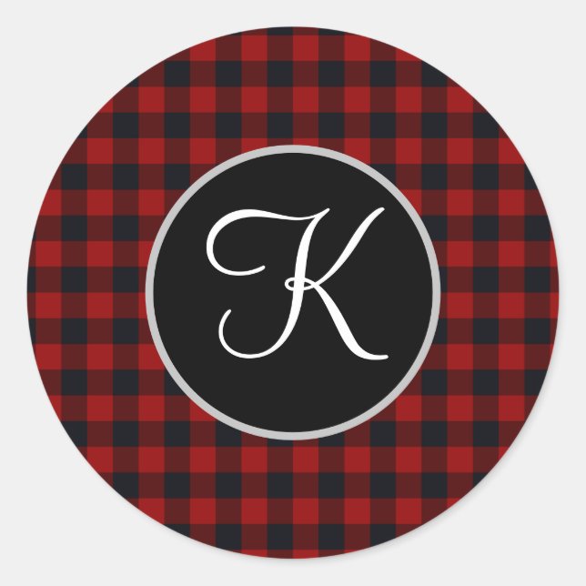 Monogram Red and Black Buffalo Plaid Classic Round Sticker (Front)