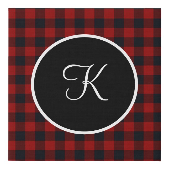 Monogram Red and Black Buffalo Plaid  Faux Canvas Print (Front)