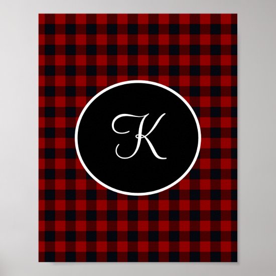 Monogram Red and Black Buffalo Plaid  Faux  Poster
