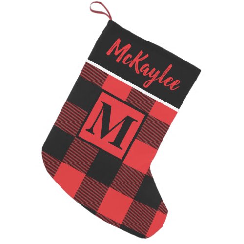 Monogram Red and Black Buffalo Plaid Personalized Small Christmas Stocking