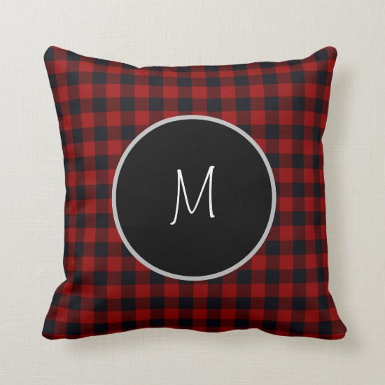 Monogram Red and Black Buffalo Plaid Throw Pillow