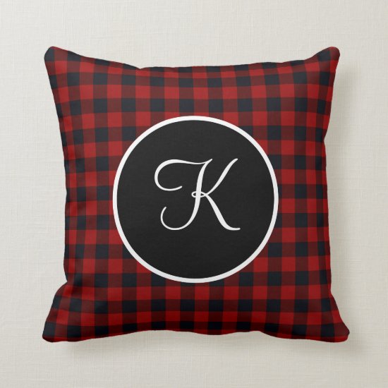 Monogram Red and Black Buffalo Plaid Throw Pillow