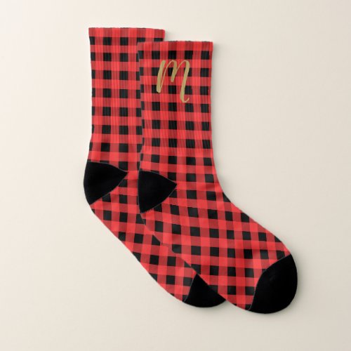 Monogram Red and Black Gingham Christmas Socks