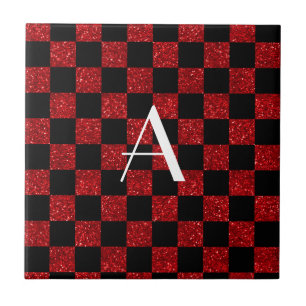 Monogram red and black glitter checkered tile