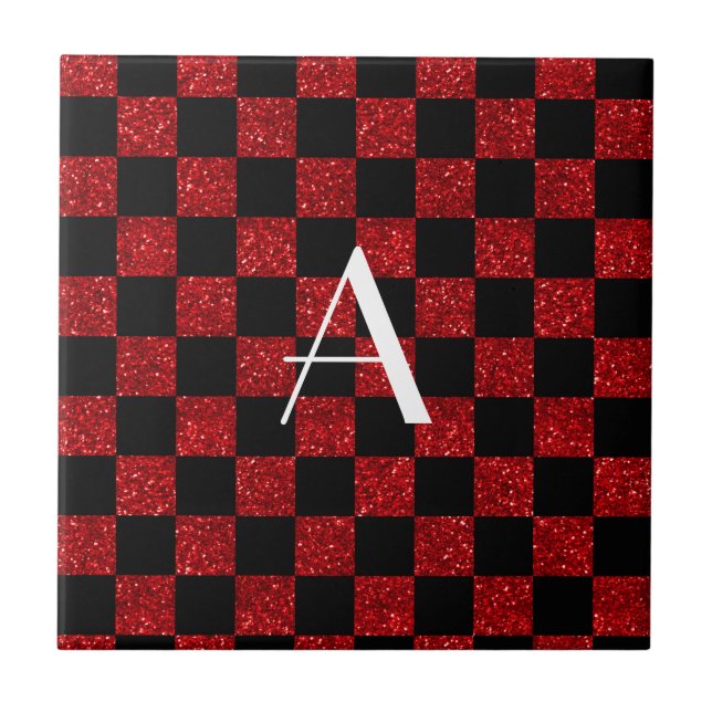 Monogram red and black glitter checkered tile (Front)