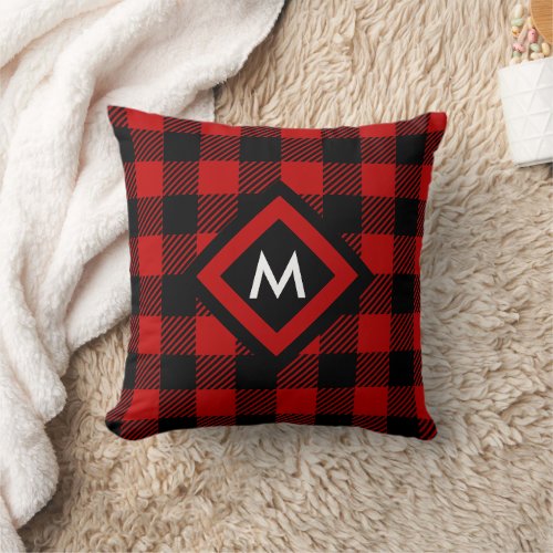 Monogram Red and Black Plaid  Throw Pillow