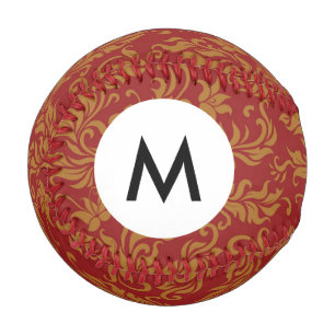 Monogram Red and Gold Floral Pattern Baseball