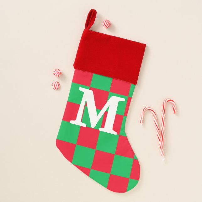 Monogram Red And Green Checkered Board Christmas Stocking (Front)