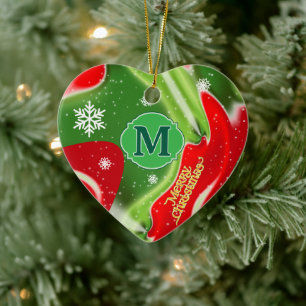 MONOGRAM Red and Green Christmas Abstract Ceramic Ornament