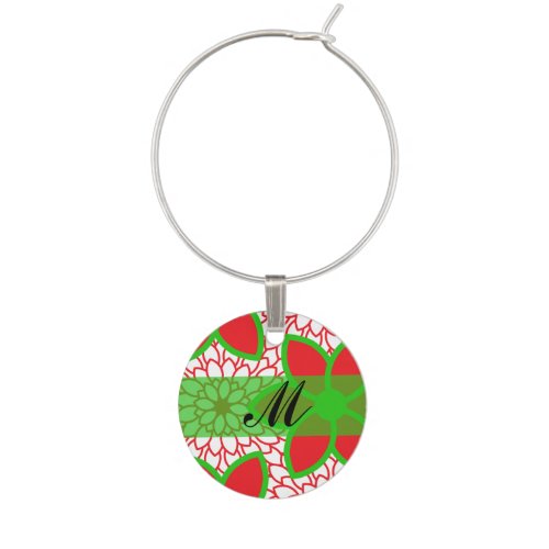 Monogram Red and Green Modern Floral Christmas Wine Glass Charm