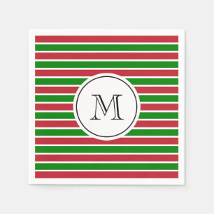 Monogram Red and Green Stripes Holiday Christmas Napkins