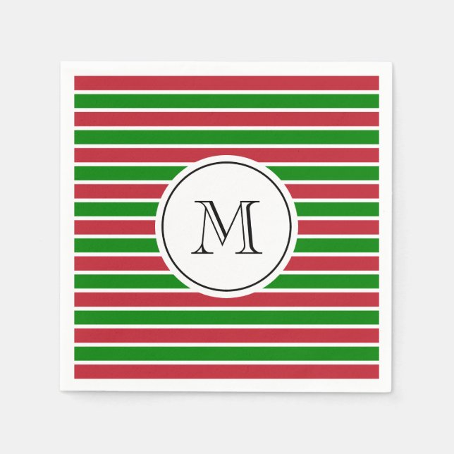 Monogram Red and Green Stripes Holiday Christmas Napkins (Front)