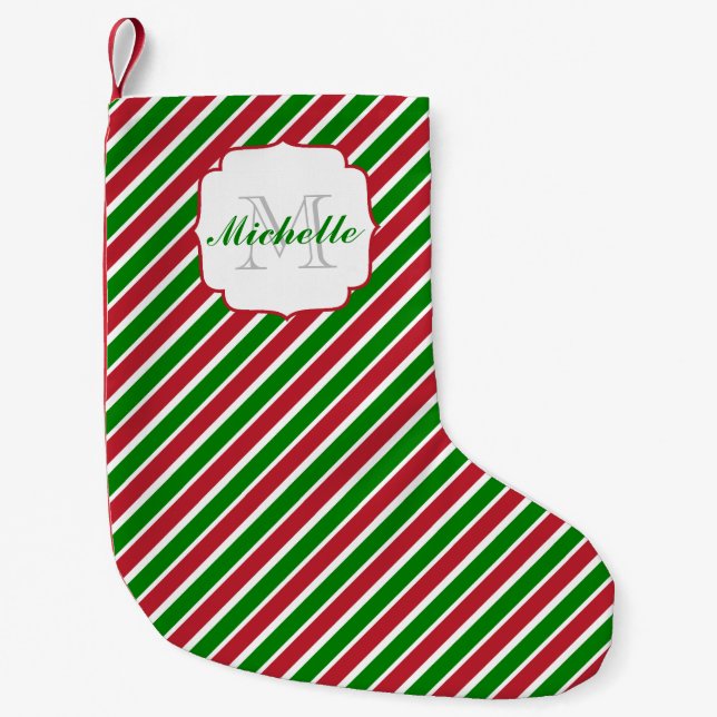 Monogram Red and Green Stripes Holiday Christmas Small Christmas Stocking (Front)